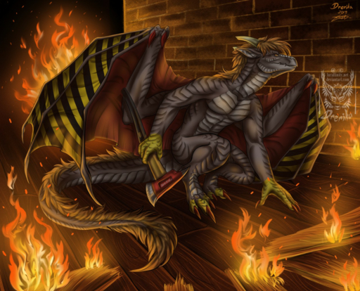 2019 3_toes 4_fingers anthro brown_hair claws digital_media_(artwork) dragon drerika feet fingers fire grey_body grey_scales hair horn male membrane_(anatomy) membranous_wings nude scales scalie solo toes western_dragon wings // 1280x1036 // 1.9MB