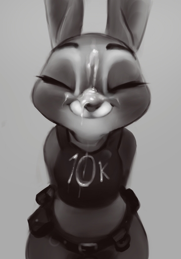 2022 absurd_res anthro bent_over bodily_fluids clothed clothing cum cum_on_face digital_media_(artwork) eyelashes eyes_closed female fluid_on_breasts fur genital_fluids grey_body grey_fur greyscale hands_behind_back hi_res judy_hopps lagomorph leporid mammal milestone monochrome police_uniform qupostuv35 rabbit simple_background smile solo text topwear uniform // 5004x7164 // 1.2MB