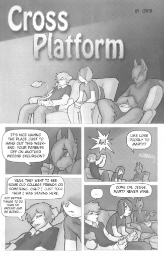 anthro black_and_white canid canine canis clothed clothing comic controller dialogue domestic_dog doxy ear_piercing eating english_text equid equine felid food fur game_controller gaming girly greyscale group hair hi_res horse jesse_(onta) lagomorph lion male mammal marty_(onta) monochrome mu_(onta) onomatopoeia open_mouth pantherine piercing playing_videogame popcorn sitting smile sound_effects speech_bubble text video_games // 1146x1800 // 344.0KB