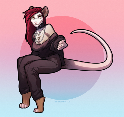 2019 3_toes anthro bangs barefoot big_ears big_tail biped bottomwear breasts claws cleavage clothed clothing collar didelphid digital_media_(artwork) feet female hair jacki_rah jewelry long_sleeves long_tail looking_at_viewer mammal marsupial necklace nipple_slip off_shoulder outstretched_hand pants plantigrade red_hair shirt sitting sly smile smirk solo spefides swept_bangs toes topwear virginia_opossum // 900x850 // 1003.3KB
