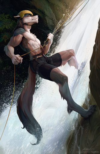 2019 4_toes 5_fingers anthro armor barefoot biped black_nose blue_eyes bonifasko bottomwear canid canine canis canyoning clothed clothing digital_media_(artwork) digitigrade feet fingers headgear helmet male mammal muscular muscular_anthro muscular_male rakan scar shorts solo toes topless wolf // 651x1000 // 446.4KB