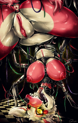 2014 absurd_res animatronic anthro anus big_breasts big_nipples black_nose black_sclera bodily_fluids breasts broken butt canid canine checkered_floor clitoris cracked creepy damaged dimwitdog exposed_endoskeleton fangs female five_nights_at_freddy's five_nights_at_freddy's_2 fox fur geisha_lips genital_fluids genitals glowing glowing_eyes hanging_breasts hi_res lipstick machine makeup mammal mangle_(fnaf) metal nipples open_mouth pink_body pink_fur presenting presenting_hindquarters presenting_pussy pussy pussy_juice raised_tail red_lipstick robot solo teeth tongue under_boob upside_down urethra video_games white_body white_fur wire yellow_eyes // 2545x4000 // 1.6MB