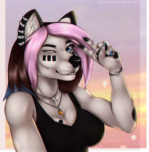 5_fingers anthro athletic athletic_anthro athletic_female blue_eyes breasts brown_hair canid canine canis clothed clothing digital_media_(artwork) ear_piercing female fingers gorsha_(character) hair hi_res mammal one_eye_closed padjetxharrington piercing shirt smile solo tank_top topwear wolf // 1962x2007 // 309.3KB