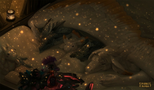 2019 anthro argar bed dragon duo elizabeth_(character) erise_(character) fur furniture furred_dragon hair helios_(character) illarion_(character) kaspar_(character) lights madness_demon male night plushie sleeping star wings // 1280x754 // 867.9KB