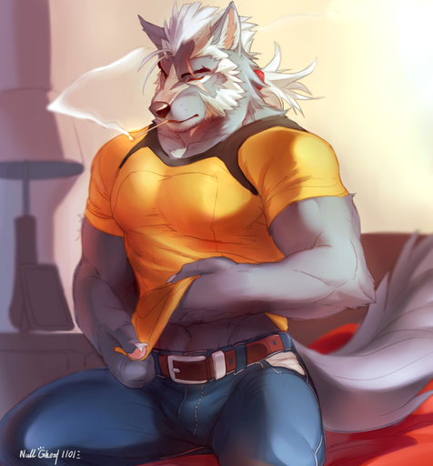 2013 abs anthro athletic bed bedroom belt biceps big_muscles biped black_nose bottomwear bulge canid canine canis cigarette clothed clothing clothing_lift denim denim_clothing eyes_closed fur furniture grey_body grey_fur hair inside jeans looking_at_viewer male mammal midriff morihiko muscular muscular_anthro muscular_male null-ghost one_eye_closed pants pecs pose scar shirt shirt_lift sitting smoke smoking solo tight_clothing topwear undressing white_hair wolf // 893x961 // 174.1KB