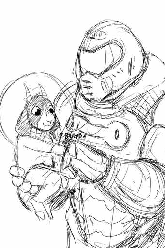 2:3 age_difference armor bovid caprine clothed clothing doom_(series) doom_guy duo fist_bump gesture goat halo hi_res hladilnik human id_software male mammal monochrome simple_background sketch tommy_(hladilnik) video_games young // 1280x1920 // 451.0KB