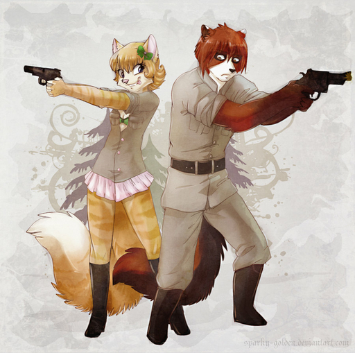abstract_background anthro bad_trigger_discipline belt black_nose blonde_hair blue_eyes boots bottomwear bra breasts brown_eyes button_(fastener) canid canine cleavage clothed clothing digital_media_(artwork) distracted domestic_cat duo felid feline felis female footwear fox gun hair handgun iskra male mammal miniskirt pink_nose pistol pleated_skirt pose ranged_weapon revolver ribbons shaded short_hair simple_background skirt standing tongue tongue_out unbuttoned underwear vera_(iskra) weapon // 900x895 // 149.5KB