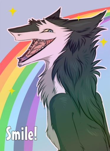 2011 anthro blue_eyes english_text looking_at_viewer male mammal murchetta nude open_mouth rainbow rainbow_arch sergal sidgi smile solo sparkles teeth text tongue tongue_out // 510x700 // 237.9KB