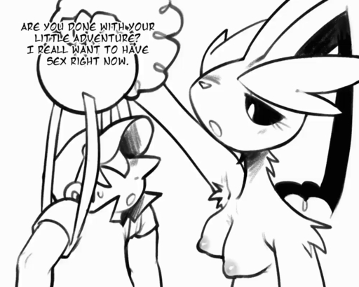 alpha_pokemon animated anthro assertive_female black_and_white breasts carrying_partner clothing dialogue english_text female hair hair_over_eyes hat headgear headwear human lagomorph leporid lilmoonie lopunny male malefemale mammal monochrome nipples pointy_nose pokemon_(species) pokemon_trainer text video_games // 1000x800 // 16.4MB