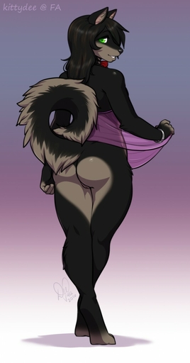 anthro biped black_body black_fur black_hair bottomless brown_highlights butt canid canine canis clothed clothing clothing_lift digital_media_(artwork) domestic_dog dress dress_lift female fur genitals green_eyes grey_body grey_fur hair hi_res highlights_(coloring) kittydee looking_at_viewer looking_back mammal mostly_nude pussy rear_view simple_background smile solo standing teeth translucent translucent_clothing // 671x1280 // 72.6KB