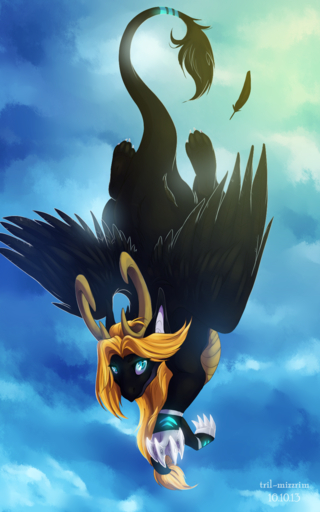 10:16 2013 avian beak black_body black_feathers black_fur blonde_hair blue_eyes day eyelashes falling feathered_wings feathers female feral flying fur gryphon hair hi_res hindpaw looking_at_viewer mythological_avian mythology outside paws sky solo tril-mizzrim wings // 1000x1600 // 1.7MB