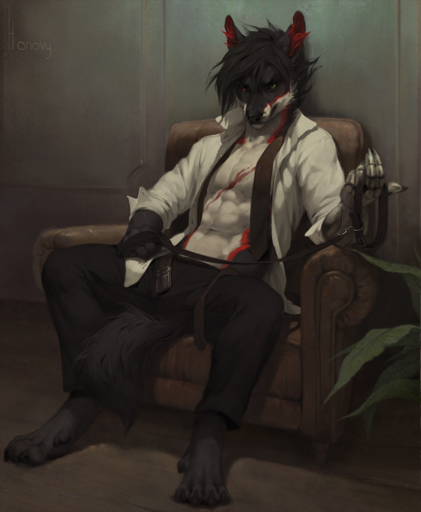2019 4_toes 5_fingers anthro armchair barefoot biped black_body black_fur black_hair black_nose canid canine canis chair clothed clothing collar digital_media_(artwork) feet fingers fur furniture hair heterochromia honovy leash male mammal on_armchair prosthetic scar sitting solo toes wolf // 887x1080 // 1.1MB