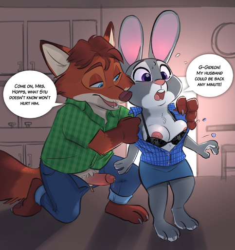 2022 anthro areola bodily_fluids bonnie_hopps breasts canid canine clothed clothing dialogue duo english_text female fox genital_fluids genitals gideon_grey hi_res lagomorph leporid male malefemale mammal mature_anthro nipples open_mouth open_smile penis precum rabbit siroc smile text // 2242x2376 // 2.3MB