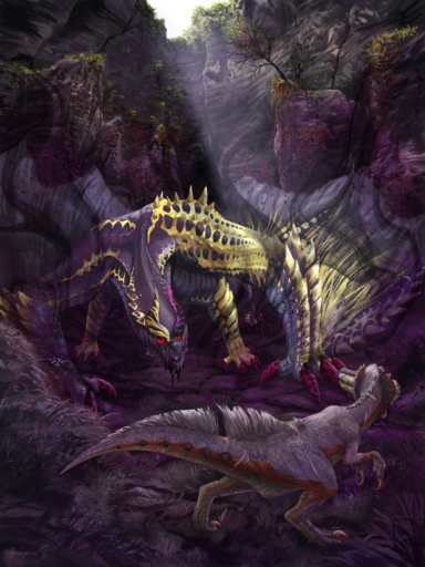 2019 3:4 amayensis-fireheart bird_wyvern capcom claws day detailed_background digital_media_(artwork) dragon duo feral gore_magala grass hi_res jaggi monster_hunter outside plant video_games wyvern // 1200x1600 // 4.4MB