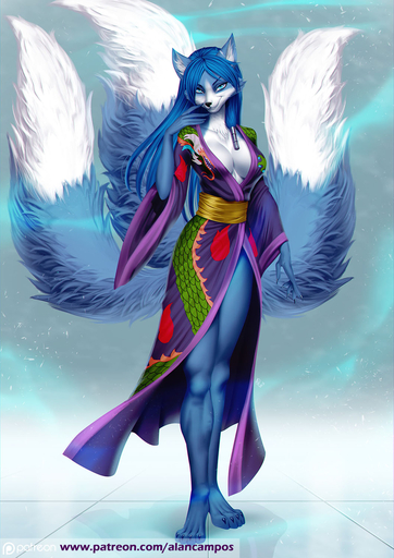 4_toes 5_fingers alanscampos anthro biped black_nose blue_body blue_eyes blue_fur blue_hair breasts canid canine cleavage clothed clothing digitigrade feet female fingers fox fur hair hi_res looking_at_viewer mammal multi_tail simple_background smile solo standing text toes url // 1060x1500 // 250KB