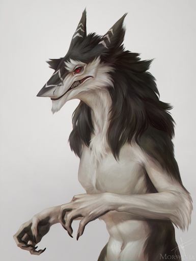 2021 5_fingers absurd_res black_body black_fur black_hair digital_media_(artwork) fingers fur hair hi_res morsylvia red_eyes sergal simple_background teeth white_body white_fur // 2531x3367 // 9.9MB