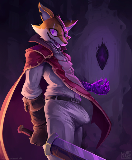 anthro bulge canid canine cape clothed clothing corruption digital_media_(artwork) erection erection_under_clothing evil_grin eye_patch eyewear fox fully_clothed fur glowing glowing_eyes grin holding_object hypnosis licking looking_at_viewer male mammal melee_weapon mind_control nurinaki open_mouth open_smile purple_eyes reynardo scar shaded sharp_teeth smile solo standing sword teeth tenting tongue tongue_out video_games weapon // 911x1100 // 815.7KB