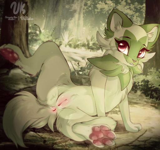 2022 anus detailed_background digital_media_(artwork) eyebrows eyelashes female feral fur genitals green_body green_fur hi_res inner_ear_fluff looking_at_viewer mammal outside pawpads plant pokemon_(species) pussy smile solo sprigatito tree tuft video_games vksuika // 2132x1989 // 3.3MB