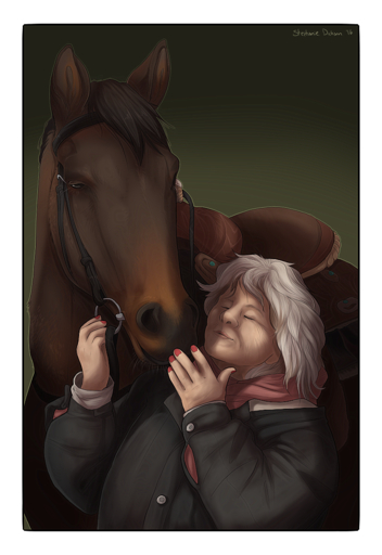 ambiguous_gender border clothed clothing compass_(artist) duo equid equine female feral horse human mammal reins saddle standing white_border // 792x1152 // 929.5KB