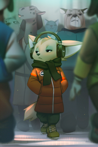 2020 2:3 anthro bottomwear canid canine clothing crowd female fennec footwear fox fur group hands_in_pockets headphones mammal miles_df pants pockets scarf shoes solo solo_focus vulpes walking // 600x900 // 691.6KB