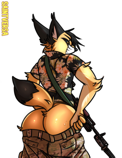 absurd_res ak-74 aloha_shirt ambiguous_gender anthro arm_tuft assault_rifle black_body black_fur blue_eyes bodily_fluids butt caracal caracal_(genus) clothed clothing elbow_tufts felid feline fur gun hi_res kimaharu looking_at_viewer looking_back mammal military military_uniform multicam pants_down partially_clothed pattern_clothing pattern_shirt pattern_topwear ranged_weapon rifle saintversa shirt simple_background solo sweat tan_body tan_fur topwear tuft uniform weapon white_background yellow_sclera // 2472x3216 // 3.6MB