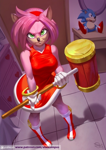 2017 alanscampos amy_rose anthro anthrofied boots breasts clothed clothing eulipotyphlan female footwear fur gloves hair hammer handwear hedgehog hi_res mammal melee_weapon piko_piko_hammer pink_body pink_fur pink_hair solo sonic_the_hedgehog text tools url weapon // 905x1280 // 179.7KB