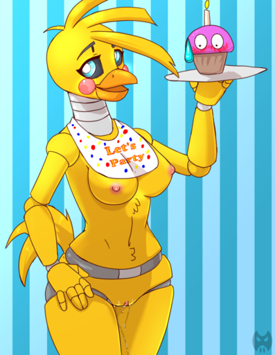 animatronic anthro avian beak bib biped bird black_sclera blue_eyes blush bodily_fluids breasts chicken cupcake_(fnaf) curvy_figure english_text female food food_creature fur galliform gallus_(genus) genital_fluids genitals hand_on_hip happy holding_object hourglass_figure inside looking_at_viewer machine medium_breasts nipples non-mammal_breasts nude pattern_background phasianid pose pussy pussy_juice roadiesky robot simple_background small_waist smile smirk solo standing stare striped_background text toy_chica_(fnaf) video_games wet wide_hips yellow_body yellow_fur // 794x1024 // 429.1KB