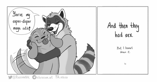 2021 absurd_res anthro comic dialogue digital_drawing_(artwork) digital_media_(artwork) duo english_text eyes_closed felix_(nik159) greyscale hi_res hug humor imminent_sex lutrine male mammal monochrome mustelid nik159 nik_(nik159) open_mouth open_smile procyonid raccoon romantic_couple simple_background smile tailwag text tongue tongue_out url white_background // 4096x2147 // 473.9KB