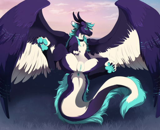 2019 anus dragon embyr feathered_wings feathers female feral fight_(artist) fur furred_dragon genitals horn looking_at_viewer plump_labia pussy smile solo spread_legs spreading wings // 1280x1046 // 1.2MB