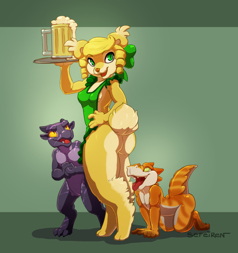 abstract_background alcohol all_fours anthro apron beer beverage blonde_hair bow_(disambiguation) butt clasped_hands claws clothed clothing conditional_dnp cup curls ear_tuft fangs female foam fur glass green_eyes group hair hand_on_hip hi_res hindpaw horn kobold looking_back looking_up male mammal nude open_mouth orange_body orange_eyes orange_scales partially_clothed paws pink_nose pok pupils purple_body purple_scales raised_tail scales scar sefeiren serving_tray simple_background size_difference slit_pupils spots standing stripes teeth tongue tongue_out tray tuft ursid vyth waiter wide_hips yellow_body yellow_fur // 1200x1277 // 651.9KB