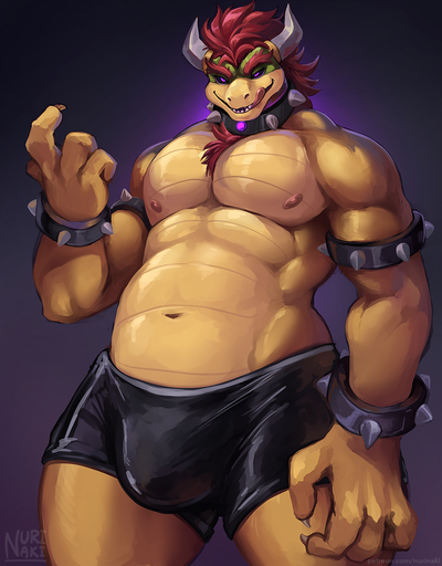 2020 4_fingers anthro black_sclera body_hair bowser boxers_(clothing) bracelet bulge chest_hair clothing collar fingers hair horn jewelry koopa licking licking_lips licking_own_lips looking_at_viewer male navel nurinaki pecs purple_eyes red_hair reptile scalie self_lick shell-less smile solo spiked_bracelet spiked_collar spikes tongue tongue_out underwear video_games // 859x1100 // 855.0KB