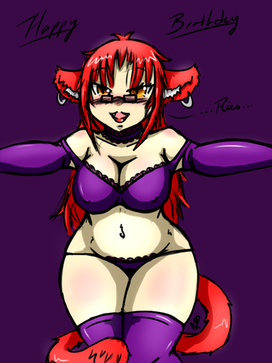 3:4 anthro avante92 blush bra breasts clothed clothing domestic_cat ear_piercing eyewear felid feline felis female glasses hair legwear looking_at_viewer mammal panties piercing red_hair skimpy solo stockings underwear yellow_eyes // 600x800 // 277KB