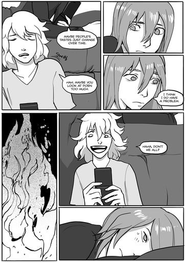 bed bedding black_and_white blanket bodily_fluids border clothing comic dialogue english_text fire furniture grimart hair howl_(grimart) humanoid laugh leto_(grimart) long_hair lying male monochrome not_furry phone shirt shrug sweat text topwear white_border // 620x877 // 316.3KB