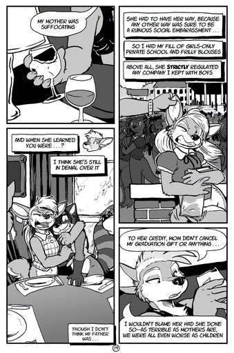 2014 adrian_gray ailurid anthro bottomless canid canine canis casual_exposure clothed clothing comic digital_media_(artwork) english_text female hildegard_rothschild kangaroo macropod mammal marsupial monochrome red_panda rick_griffin speech_bubble text wolf // 702x1059 // 725.0KB