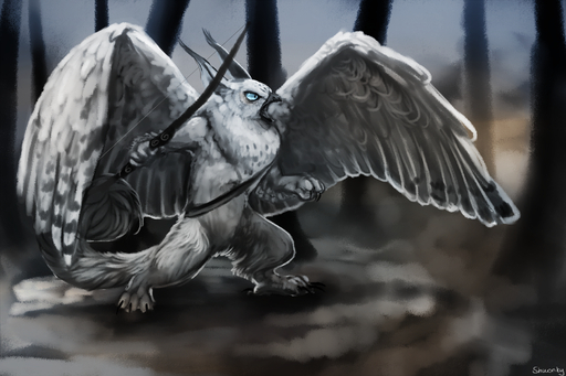 2015 ambiguous_gender avian beak biped black_beak blue_eyes bow_(weapon) digital_media_(artwork) digital_painting_(artwork) ear_tuft feathered_wings feathers fighting_pose full-length_portrait gryphon hi_res holding_object holding_weapon mythological_avian mythology portrait pose ranged_weapon shwonky solo standing tuft weapon wings // 2000x1333 // 2.8MB