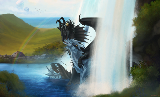 2020 absurd_res bitemylip claws digital_media_(artwork) dragon duo feral hi_res horn hug membrane_(anatomy) membranous_wings partially_submerged scales scalie spines waterfall western_dragon wings // 3800x2307 // 4.6MB
