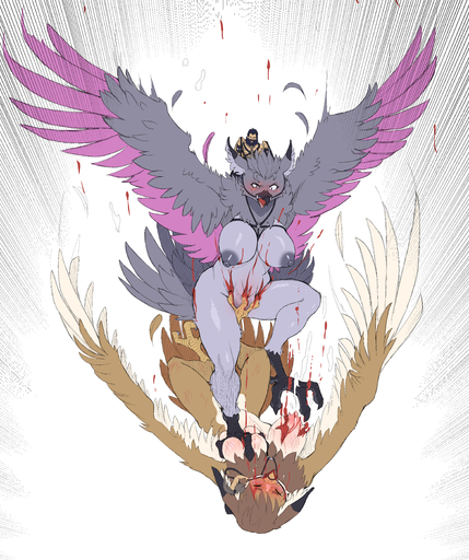 absurd_res avian beard bird blood blush bodily_fluids breasts facial_hair feathers female gore harness hi_res human male mammal nipples open_mouth simple_background size_difference the_guron white_background // 4093x4880 // 8.9MB