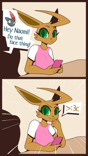 :3 >:3 >:3c arte_(r-mk) breasts clothed clothing comic dialogue eevee emoji english_text fangs female hi_res humor looking_at_viewer mammal mustela mustelid musteline naomi_(r-mk) offscreen_character open_mouth phone pokemon_(species) r-mk sneasel speech_bubble teeth text true_musteline video_games // 777x1377 // 289.4KB