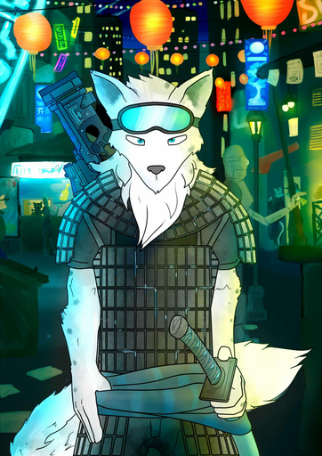 2016 anthro arctic_fox armor blue_eyes canid canine captainzepto city clothed clothing eyewear fox fully_clothed fur goggles gun hi_res katana lantern looking_at_viewer machine male mammal market melee_weapon night outside pose ranged_weapon robot sash standing sword vulpes weapon white_body white_fur // 905x1280 // 199.5KB