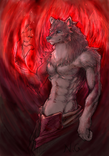 4_fingers abs anthro athletic biped black_nose blue_eyes canid canine canis claws clothed clothing fingers fire fur grey_body grey_fur looking_at_self magic male mammal muscular muscular_anthro muscular_male null-ghost solo standing topless wolf // 425x606 // 137.9KB