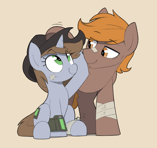 2021 bandage calamity_(fallout_equestria) clothing cowboy_hat duo equid equine fan_character female feral hat headgear headwear hi_res horn horse littlepip male mammal pegasus pip-boy shinodage simple_background unicorn video_games wings // 2128x1998 // 708.2KB