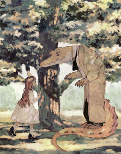 anthro back_spikes classy clothing cravat crocodile crocodilian crocodylid dappled_light dress duo female footwear furgonomics grass hair hi_res human long_hair male mammal outside plant reptile rt0no scalie shoes spiked_tail spikes spikes_(anatomy) standing tree walking young // 1100x1403 // 382.4KB