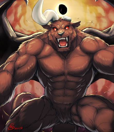 2013 abs angry anthro armpit_hair biceps big_muscles biped black_nose body_hair broken_horn brown_body brown_fur collaboration crotch_tuft demon eclipse fangs featureless_crotch fire front_view fur hair horn looking_at_viewer male membrane_(anatomy) membranous_wings muscular muscular_anthro muscular_male navel nude null-ghost open_mouth pecs pose pubes rawr red_eyes solo spread_legs spread_wings spreading standing teeth tongue tuft wings zodd // 701x812 // 431.3KB
