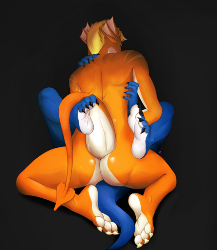 2017 3_toes 4_toes absurd_res anthro black_background blue_body blue_scales bodily_fluids butt claws colored digital_media_(artwork) dragon duo feet foot_focus hair hi_res kneeling legs_up looking_down lying male nude on_back orange_body orange_scales plantigrade reptile scales scalie schizy sex shaded sicle simple_background soles sweat toe_claws toes // 2413x2782 // 2.6MB
