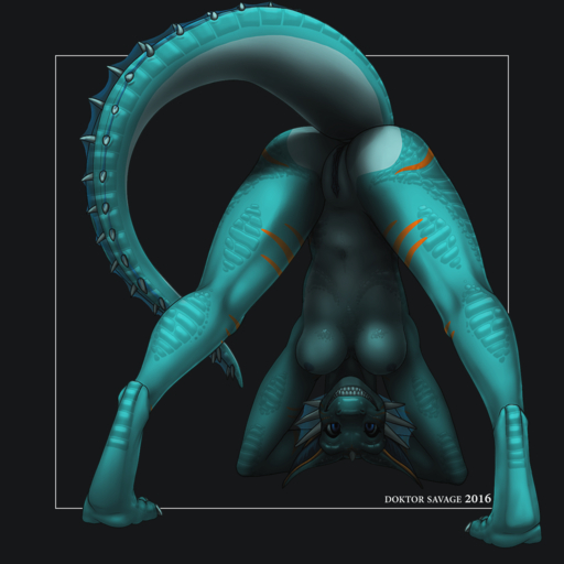 1:1 2016 alix_(dsc85) anthro blue_eyes breasts butt doktor-savage dragon female genitals hanging_breasts hi_res navel nipples non-mammal_breasts presenting pussy scalie smile solo upside_down // 1450x1450 // 1.2MB