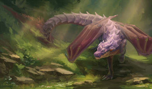 2019 akineza claws day detailed_background digital_media_(artwork) dragon feral grass horn light membrane_(anatomy) membranous_wings moss outside plant purple_body purple_scales rock scales scalie solo standing sunlight western_dragon wings // 1280x750 // 1.1MB