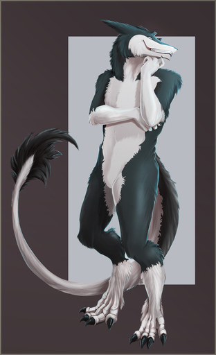 absurd_res anthro barefoot beastheart_grim brown_background claws digital_media_(artwork) feet fur hi_res jenrho looking_aside male nude sergal simple_background smile solo standing teeth white_background // 2688x4412 // 1.8MB