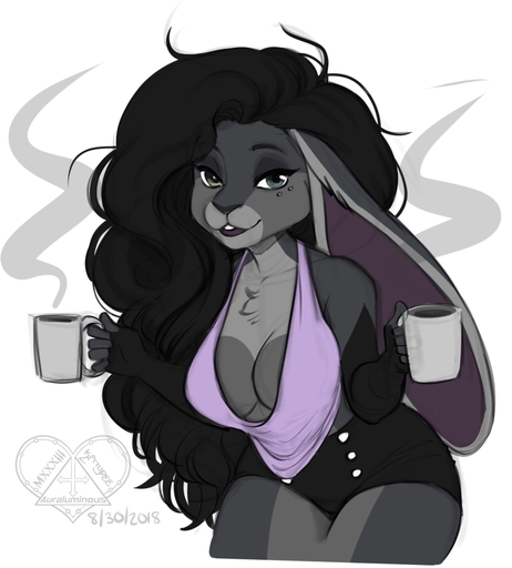 anthro beverage breasts cleavage clothed clothing coffee colored_sketch female hi_res kittydee lagomorph leporid looking_at_viewer makeup mammal rabbit smile solo standing // 1154x1280 // 323.5KB