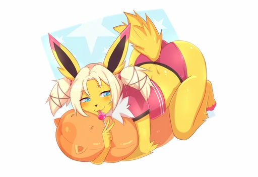 anthro blonde_hair blue_eyes blush butt candy clothed clothing dessert eeveelution female food fur hair jolteon lollipop looking_at_viewer nintendo panties pigtails pink_body pink_fur pokemon pokemon_(species) smile solo tongue tongue_out underwear video_games viskasunya white_body white_fur yellow_body yellow_fur // 1280x877 // 119.2KB