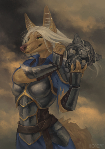 2018 anthro armor breasts canid canine canis clothed clothing day digital_media_(artwork) ear_piercing female golden_jackal green_eyes honovy industrial_piercing jackal mammal mask outside piercing smile solo zilla_(airlea) // 636x900 // 848.0KB